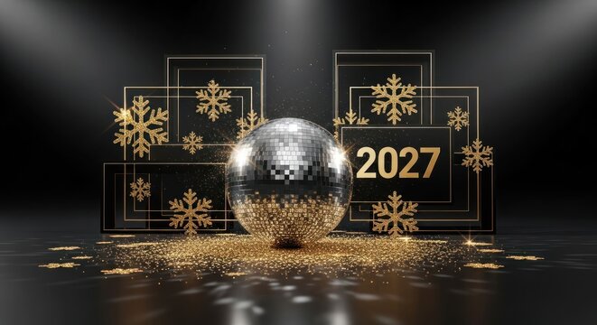 Elegant New Year 2027 Celebration with Disco Ball and Snowflakes.