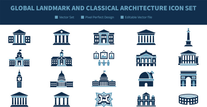 Global Landmark and Classical Architecture Icon Collection with Capitol Buildings, Museums, Monuments, Arches, and Cultural Structures for Educational and Design Projects