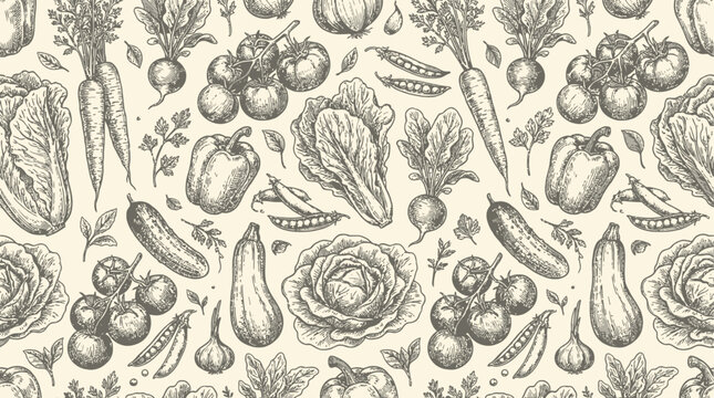Seamless Pattern of Fresh Organic Garden Vegetable Harvest with Healthy Ripe Food Elements and Green Plant Foliage on Clean Background for Culinary Wellness Design