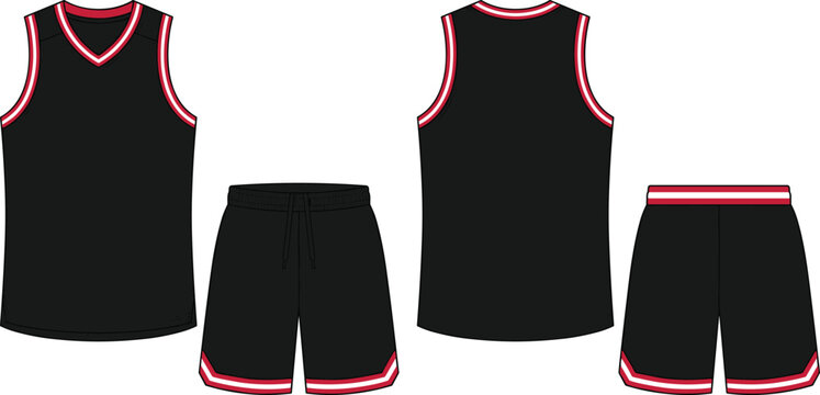 Basketball uniform jersey and shorts vector template featuring front and back views of a classic blank black athletic kit with red and white striped trims.