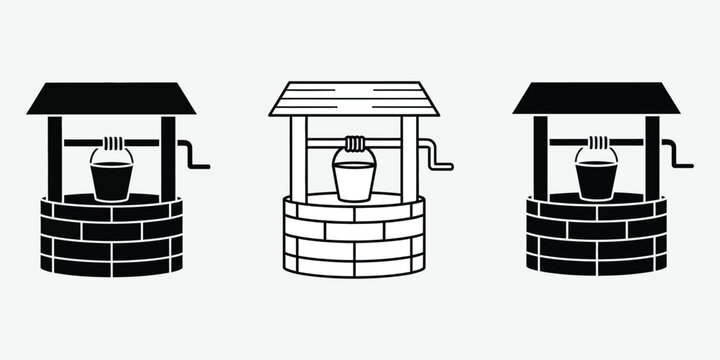 Water well with bucket during daytime against white background vector silhouette