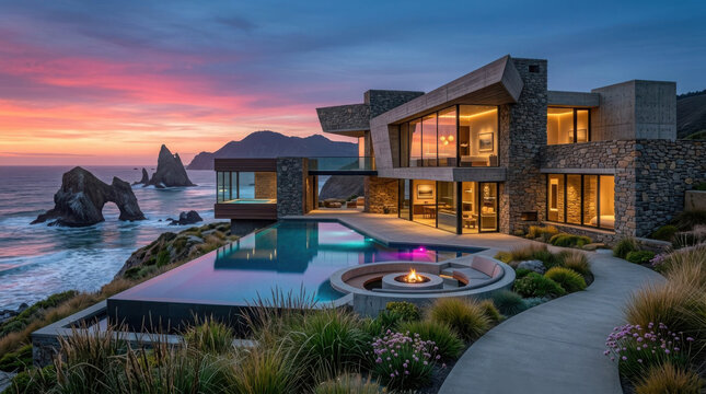 Luxury coastal house with infinity pool and fire pit at sunset overlooking the generated using ai