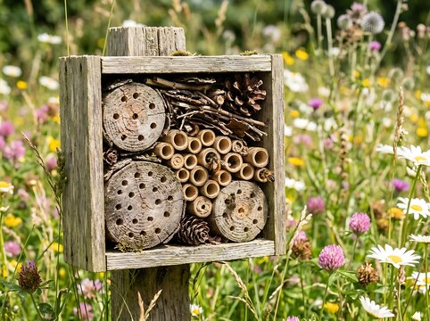Wooden bug hotel in summer wildflower meadow.