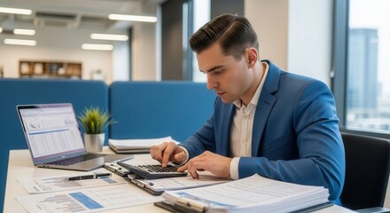 Fototapeta premium Young professional calculating finances using a calculator. Modern office environment with natural light.