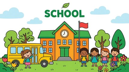 Naklejka premium Back to school illustration cheerful students school bus and building for educational resources