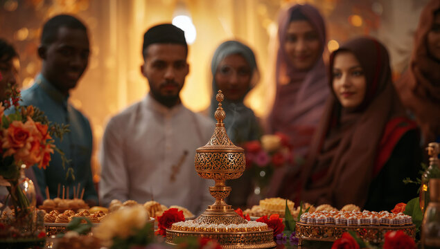 luxurious mawlid an nabi celebration diverse muslims in traditional attire gathered around incense holder with golden lighting high fidelity