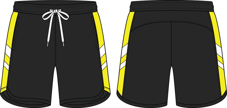 Athletic sports shorts vector template featuring front and back views of black activewear training trunks with yellow and white side stripe design details.