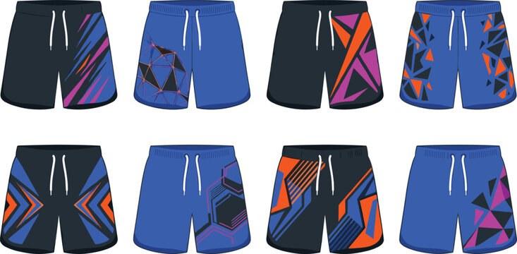 Athletic sports shorts vector set featuring sublimation printing templates with dynamic neon geometric shapes, abstract slashes, and colorful graphics for esports training uniforms.