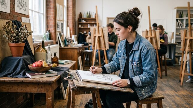 Young woman artist sketching still life in a bright, traditional art studio setting