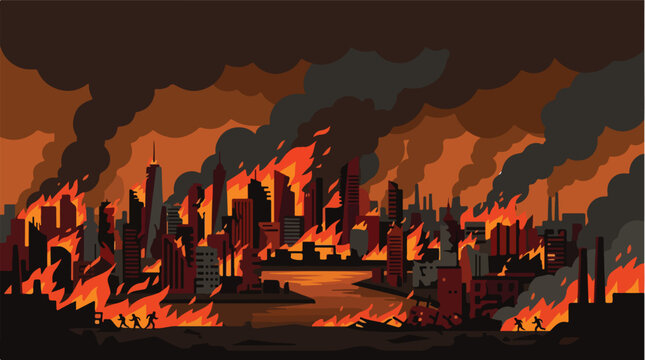 City on fire and burning skyscrapers vector. People running away from massive urban wildfire and disaster concept. War destruction climate crisis and apocalyptic town panic illustration.