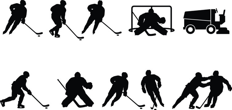 Ice hockey player silhouette collection with goalie, skating action poses and ice resurfacing machine vector set