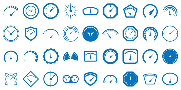 Speedometer icon. Speed indicator icon flat line set. Gauge icon set. Performance control panel symbol. Gauge or dashboard level isolated illustration. eps 10