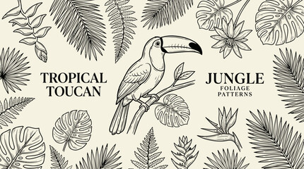 Obraz premium Vibrant Tropical Toucan Bird Nestled in Lush Jungle Foliage with Exotic Rainforest Wildlife Patterns, Artistic Nature Illustration of Colorful Ramphastidae Amidst Emerald Green Palm Leaves.