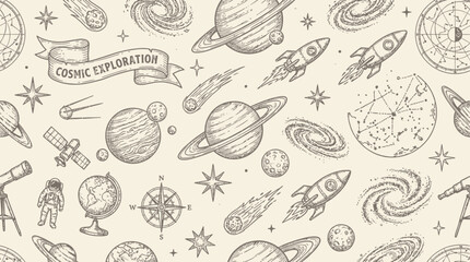 Fototapeta premium Seamless cosmic space exploration pattern featuring a distant galaxy planetary system celestial star cluster and mystical nebula for interstellar travel illustration design backdrop.