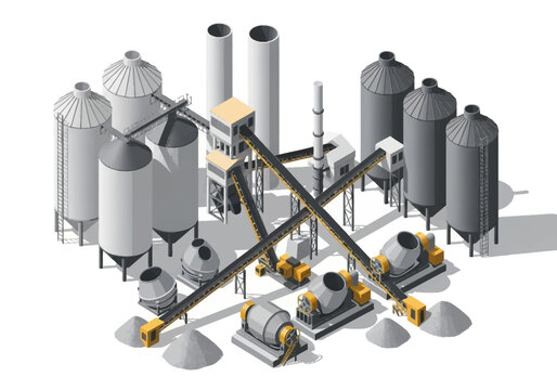 An isometric 3D rendering of an industrial cement or concrete production plant with silos conveyors and mixers