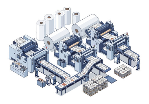 An isometric illustration of a printing factory featuring three automated printing machines paper rolls and workers