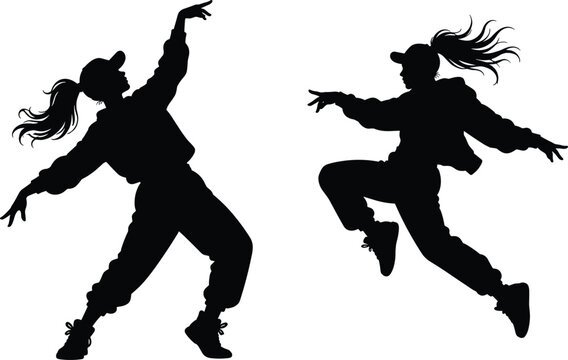Female Hip Hop Dance Silhouette Set with Dynamic Urban Street Dancer Action Poses