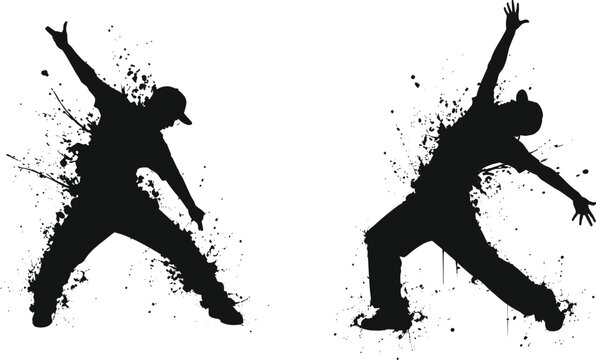 Hip Hop Dance Silhouette Vector Set with Dynamic Street Dance Poses and Grunge Paint Splatter