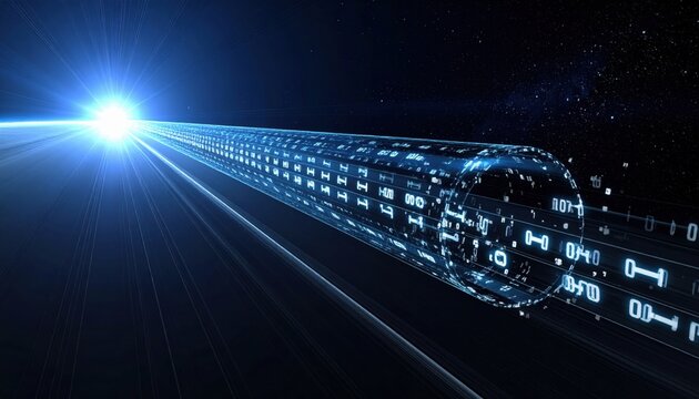 Futuristic digital data conduit flowing with luminous binary code through a dark, abstract space, representing high-speed information transfer.