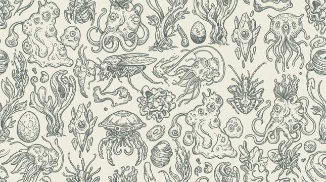 Seamless Pattern Featuring Futuristic Extraterrestrial Alien Life Forms and Bio-Mechanical Creatures in Outer Space, Detailed Scifi Illustration for Textile Design and Digital Wallpaper Background