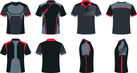 Sports jersey and polo shirt vector template collection featuring front back and side views of black red athletic uniforms for corporate team esports apparel. © Shefali