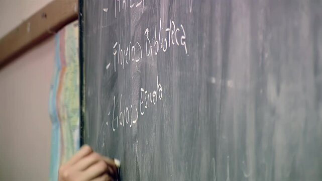 Teacher Writing Lesson On Traditional Blackboard In Argentine Public School - 4K