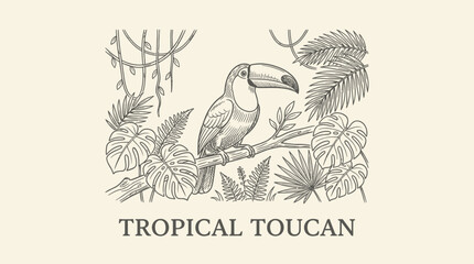 Obraz premium Vibrant Tropical Toucan Bird Perched on a Branch in an Exotic Jungle Wildlife Art Scene with Botanical Forest Scenery and Lush Greenery in a Pristine Rainforest Environment Habitat.