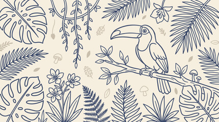 Obraz premium Vibrant tropical toucan perched on a lush jungle branch amidst exotic botanical foliage and dense forest scenery, showcasing beautiful avian wildlife in a colorful natural habitat environment.