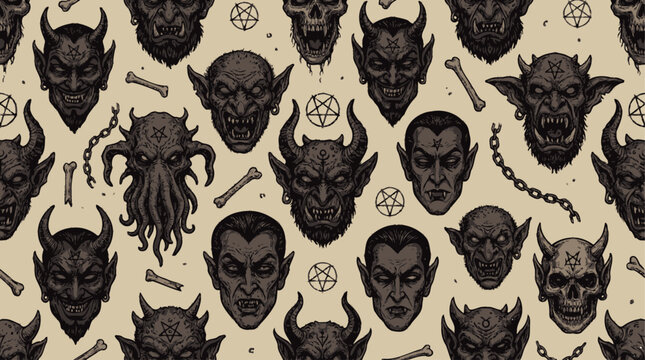 Vibrant seamless pattern collection of demonic monster head icon graphics featuring evil creature faces for dark fantasy horror art background textures and gaming website assets.