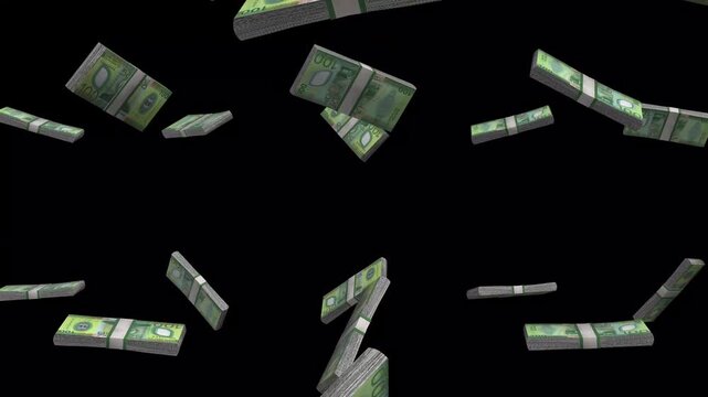 Samoa Money, Samoan Tala Banknotes Falling On Black Background, WST Currency Stacks Dark Cinematic, 4K