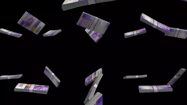 Switzerland Money, Swiss Franc Banknotes Falling On Black Background, CHF Currency Stacks Dark Cinematic, 4K