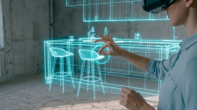 Virtuelle K&uuml;chenplanung im Rohbau: Frau nutzt eine VR-Brille und Augmented Reality zur Interaktion mit einem digitalen Zwilling der Inneneinrichtung.
