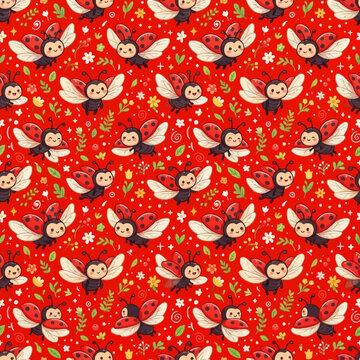 Cute ladybugs and flowers on red background seamless pattern