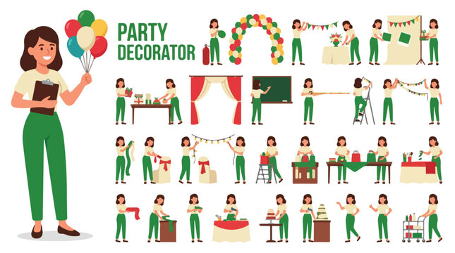Professional party decorator character set, female event planner organizing celebrations, flat vector collection of woman decorating with balloons and bunting