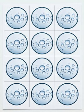 Twelve circular graphic elements depicting a light blue liquid with air bubbles, arranged in a 3x4 grid, on a white background