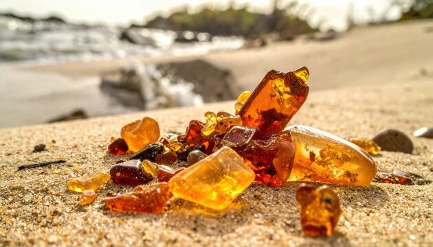 Natural amber fragments and fossilized resin pieces scattered on a sandy beach shoreline with ocean in the background