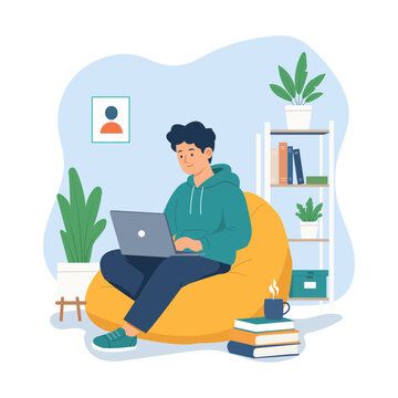 Young man working on laptop at home illustration with indoor plants and cozy setting