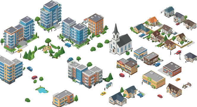 Isometric city buildings and residential houses set with urban infrastructure elements for map design in vector illustration