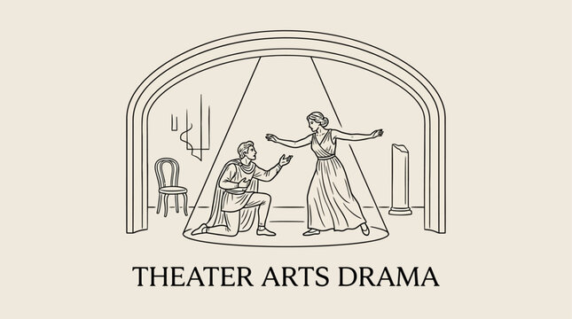 Elegant minimalist line art sketch of a theatrical stage featuring dramatic spotlighting, curtains, and an actor performing a scene, artistic illustration for drama and performing arts.