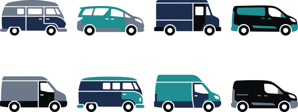 Commercial delivery van and camper vehicle flat vector icon set featuring transport trucks, cargo minivans, and recreational road trip automobiles.
