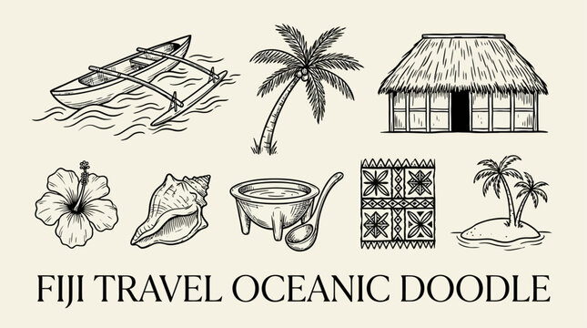 Artistic Minimalist Sketch of Traditional Oceanic Island Culture Featuring Fiji Travel Doodle Elements from the South Pacific with Indigenous Tribal Symbols and Hand Drawn Tropical Aesthetic