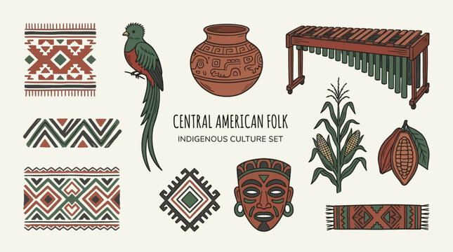 Minimalist Artistic Illustration of Traditional Central American Indigenous Culture Featuring Clean Sketchy Line Art Representing Regional Ethnic Heritage and Native Folk Patterns in Monochrome
