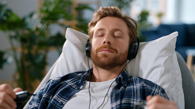 Young man lying on a therapy couch during EMDR session, bilateral tapping device in both hands, eyes tracking therapist's motion, trauma processing in clinical office, trauma-informed intervention, 
