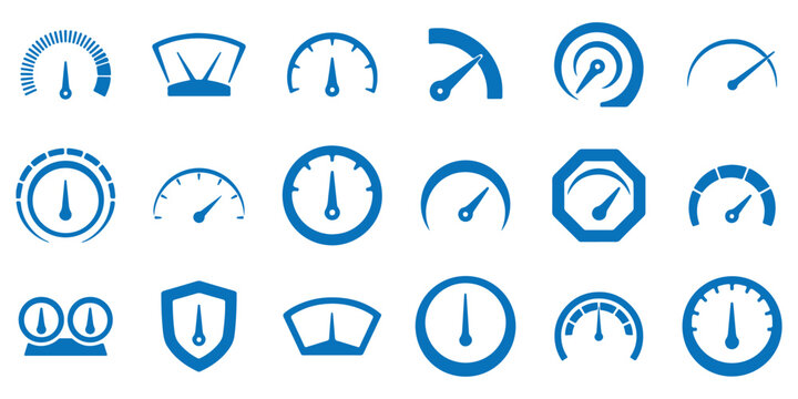 Speedometer icon. Speed indicator icon flat line set. Gauge icon set. Performance control panel symbol. Gauge or dashboard level isolated illustration. eps 10