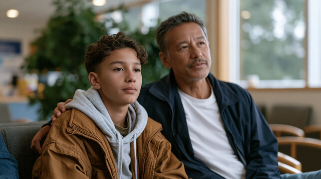 Adolescent boy and his father sitting side by side in a family therapist waiting room, shoulders almost touching, neither speaking, teen crisis and paternal support, therapy access, father-son vulne
