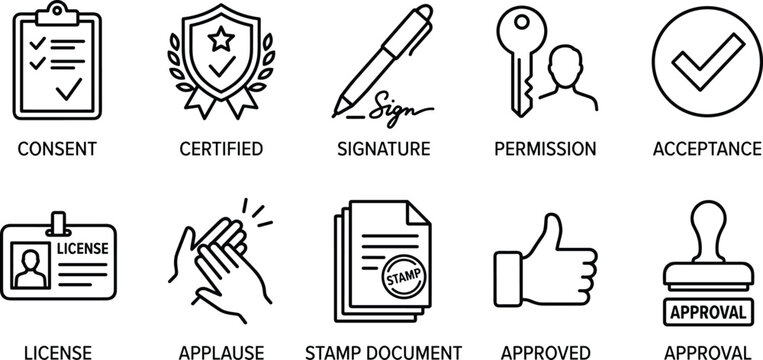 Consent certified and signature vector icon set for business, including permission and acceptance symbols.