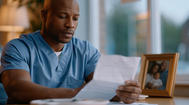 Exhausted Nigerian physician in hospital scrubs sits alone in a break room staring at a crumpled job acceptance letter from an overseas hospital, a framed family portrait on the table beside his unt