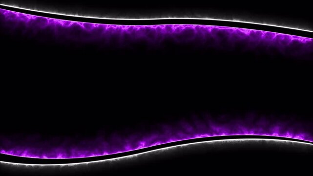 Abstract purple neon glowing wave lines on black background.