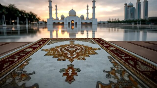 Stunning Persian rug laid out at sunset with grand mosque in the background in Abu Dhabi