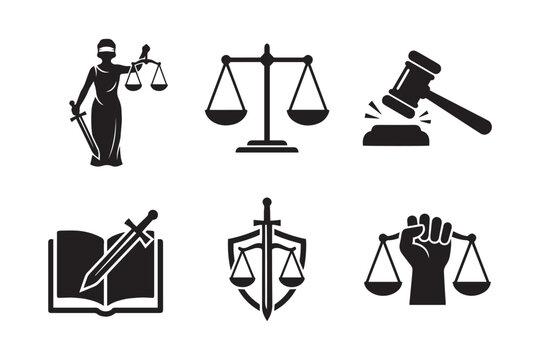 Justice and Law Legal System Icons Set, Gavel, Scale, Lady Justice, Sword